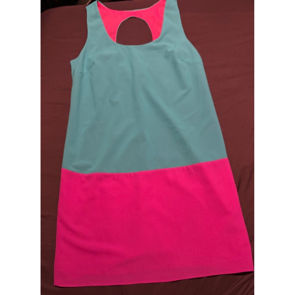 Karlie Womens Colorblock Shift Mini Dress Turquoise Pink Cutout Back Size M